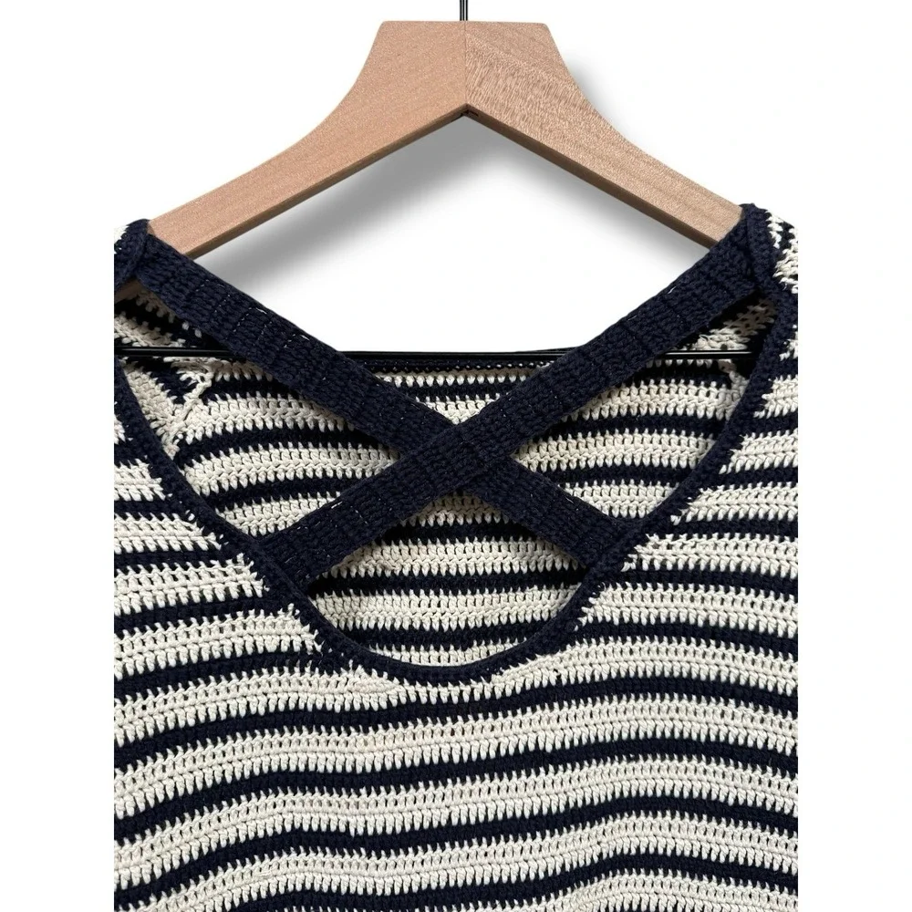 Anthropologie Lauren Moffatt XS Navy White Stripe Knit Sweater Cross Back Breton